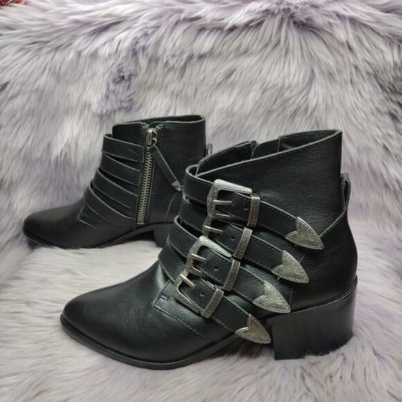 Steve Madden Billie Black Leather Boots Buckles Womens Size 7 Boho Western - Picture 1 of 10